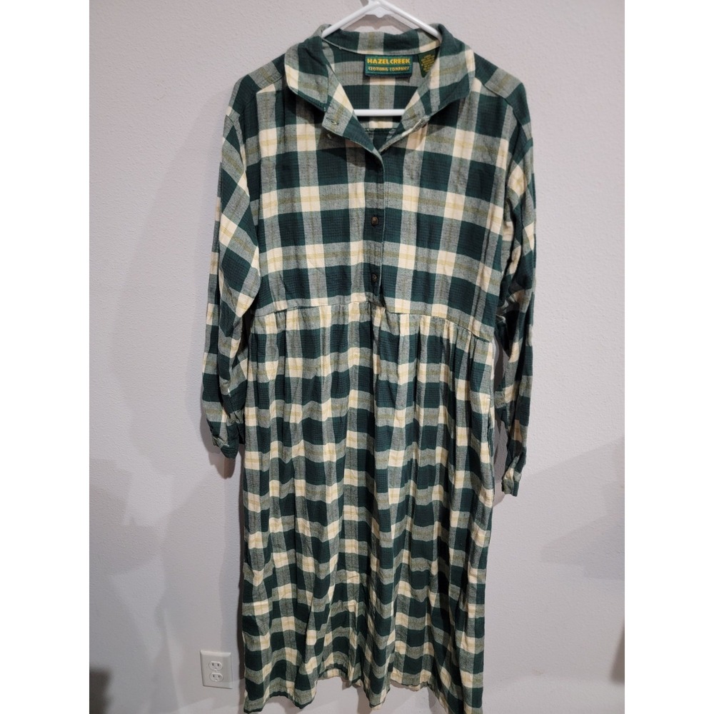 Hazel Creek Maxi Dress green plaid Soft flannel long sleeves Vintage Sz. L